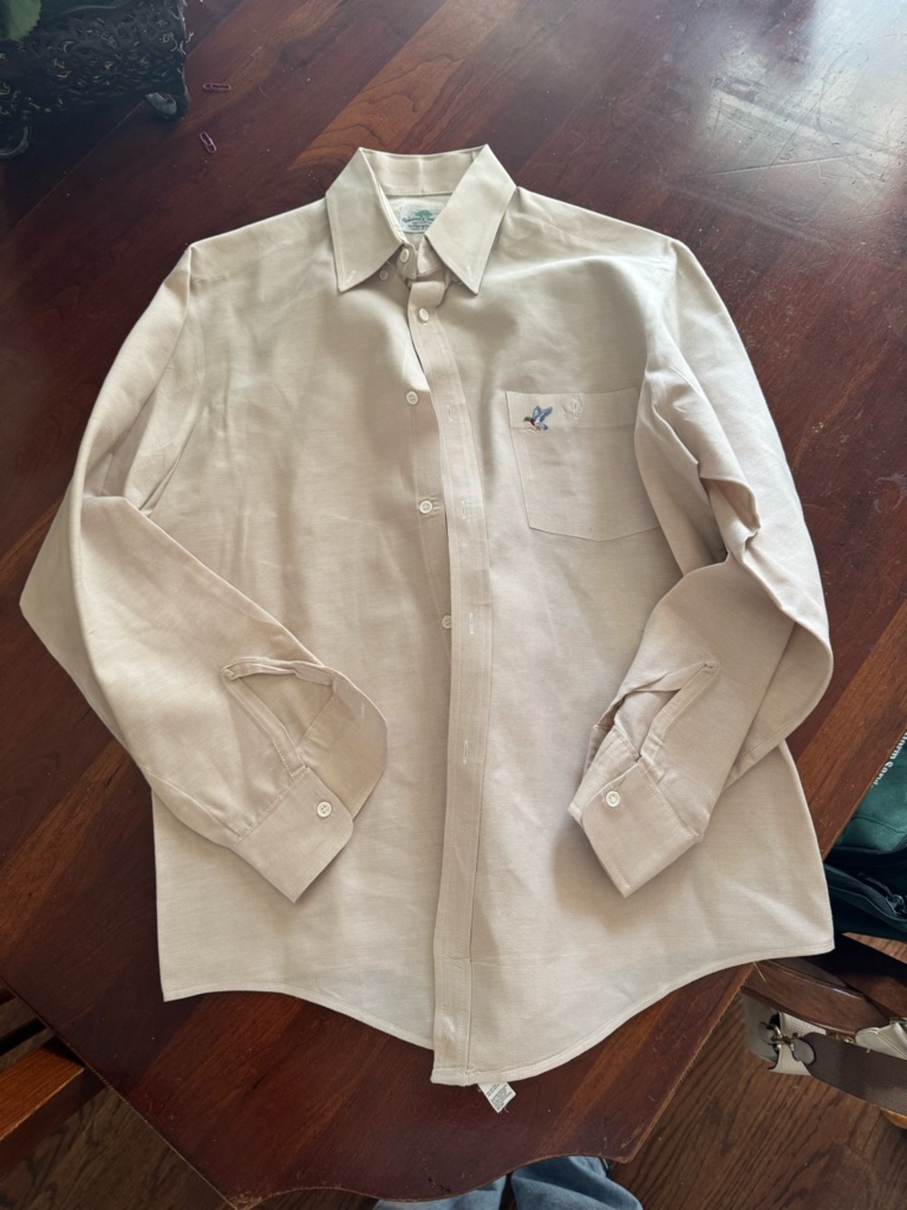 Men's Casual Button-Down Shirt in Light Beige with Subtle Embroidery